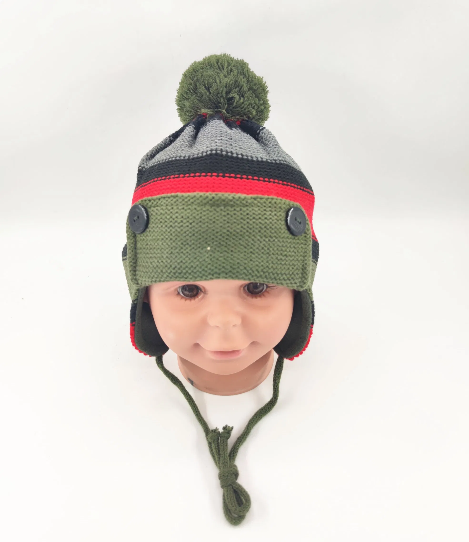 腈纶纱提花针织男孩耳罩帽，翻起帽檐