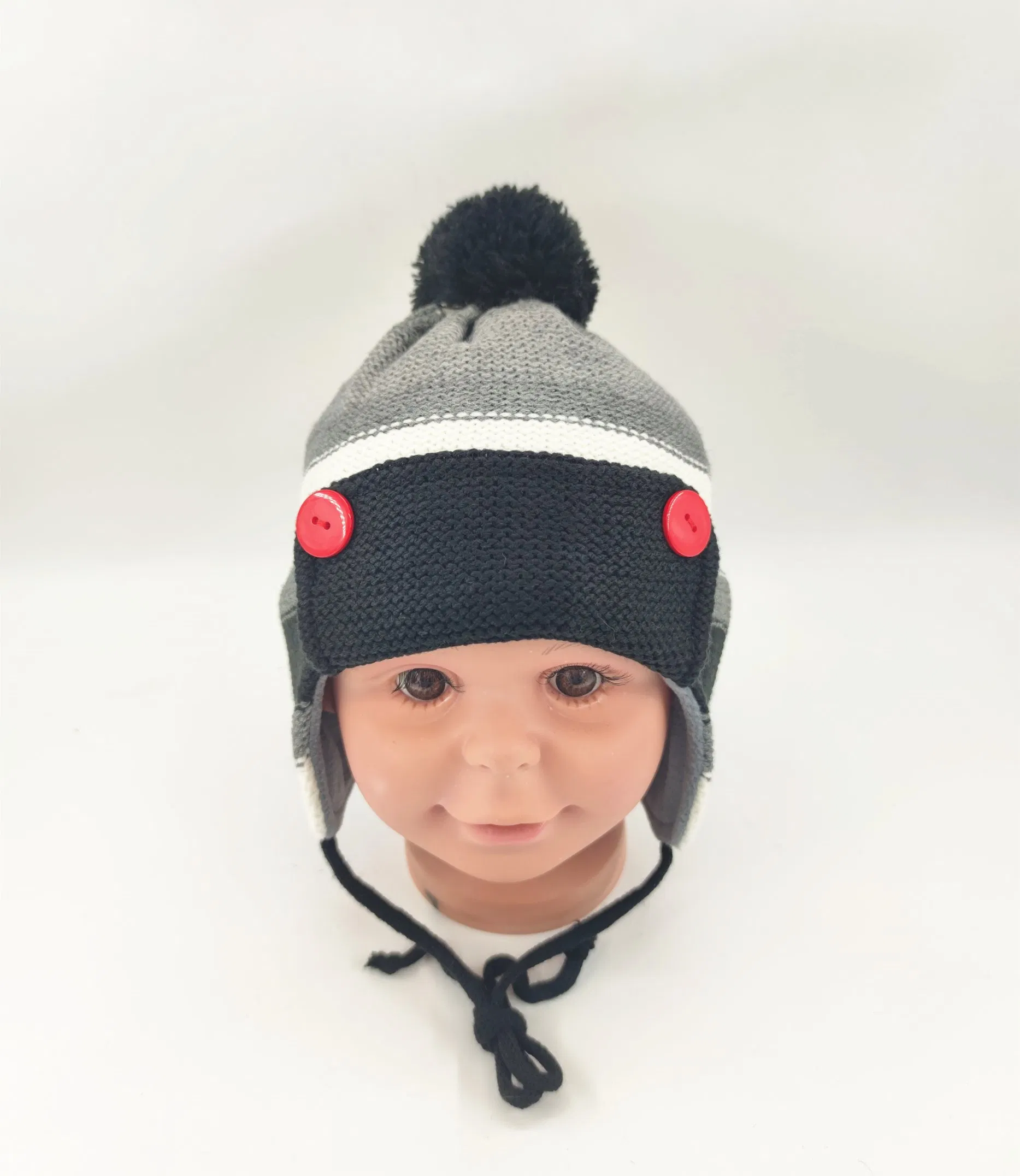 腈纶纱提花针织男孩耳罩帽，翻起帽檐