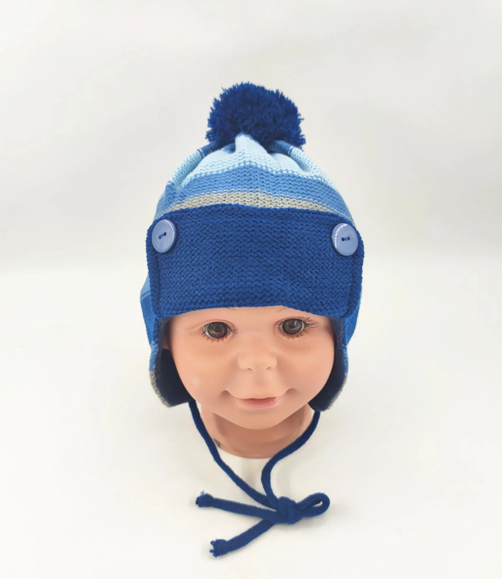 腈纶纱提花针织男孩耳罩帽，翻起帽檐